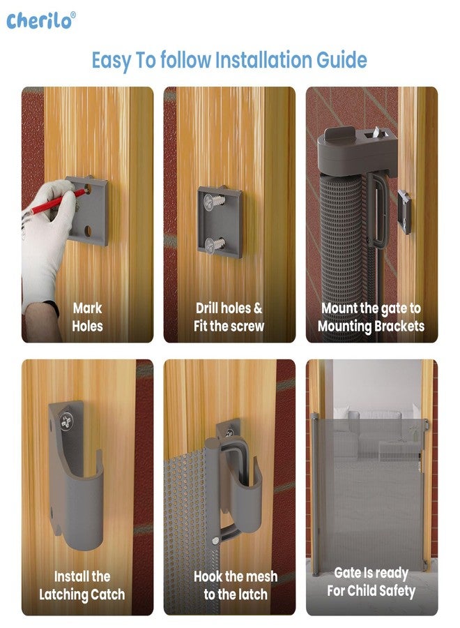 Cherilo بوابة أمان للأطفال من شيريلو | بوابة أمان قابلة للسحب للأطفال للأبواب والسلالم | بوابة شبكية قابلة للتمديد للأطفال حتى 150 سم | حاجز سياج للحيوانات الأليفة والأطفال | رمادي - Image 3